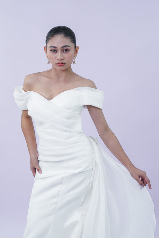 Long Elegant Off-Shoulder Satin Bridal Gown