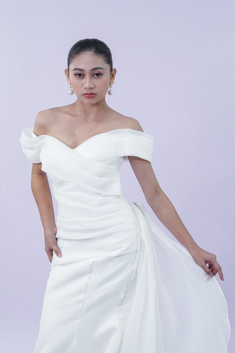 Long Elegant Off-Shoulder Satin Bridal Gown - Noelle West Bridals