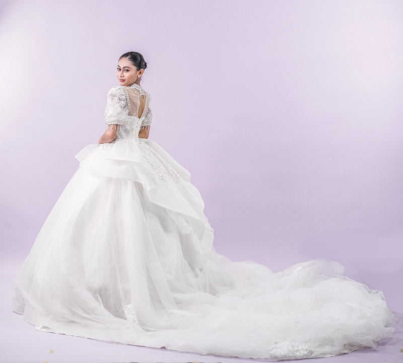 Short Sleeve Filipiniana Style Sequined Royal Long Train Wedding Gown - Noelle West Bridals