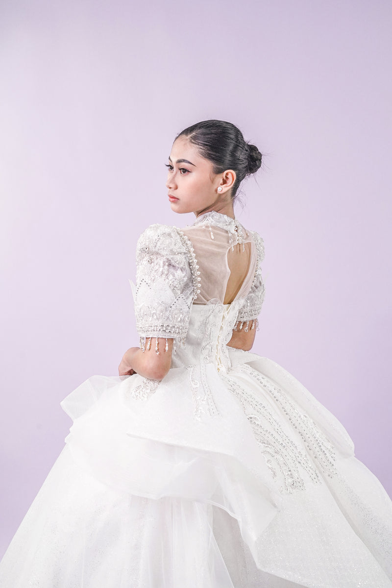 Short Sleeve Filipiniana Style Sequined Royal Long Train Wedding Gown - Noelle West Bridals