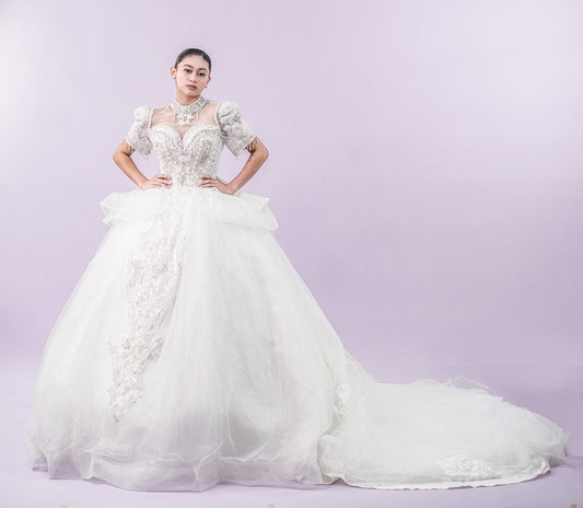 Short Sleeve Filipiniana Style Sequined Royal Long Train Wedding Gown
