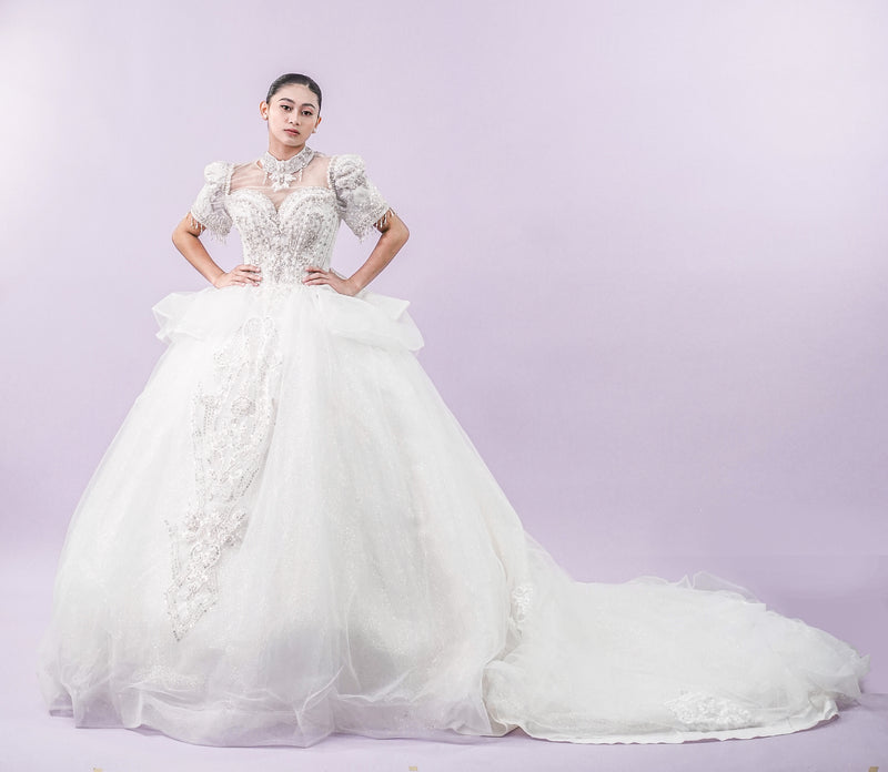 Short Sleeve Filipiniana Style Sequined Royal Long Train Wedding Gown - Noelle West Bridals