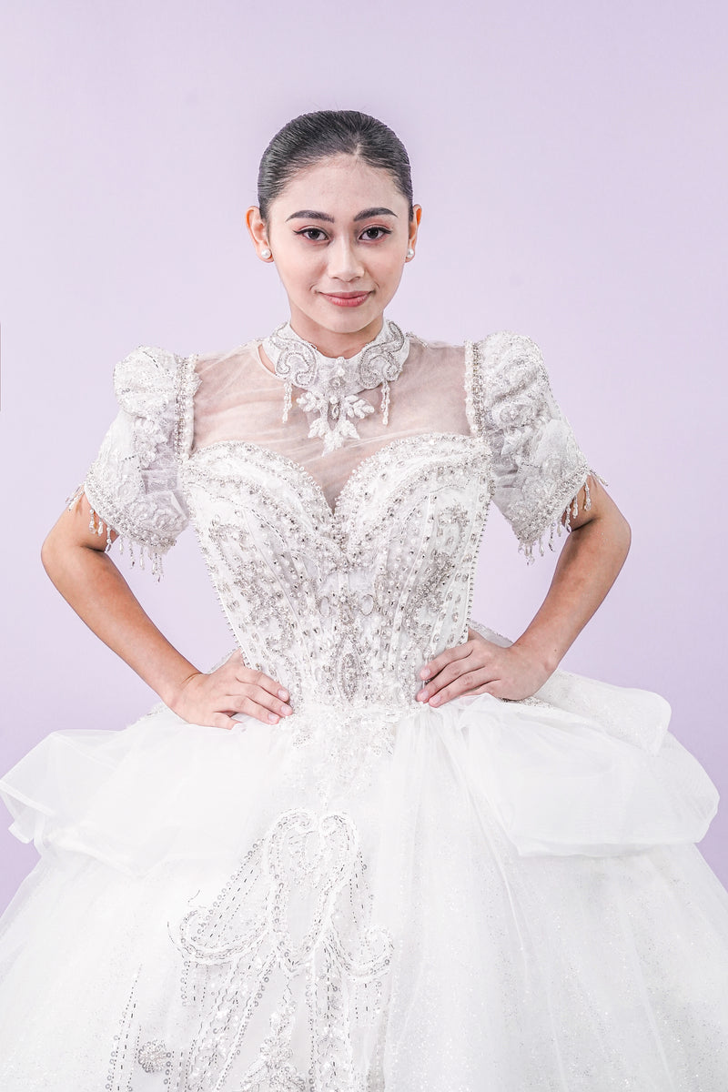 Short Sleeve Filipiniana Style Sequined Royal Long Train Wedding Gown - Noelle West Bridals