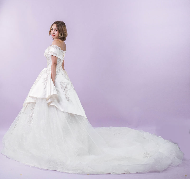 Off-Shoulder Regal Intricate Long Back Wedding Bridal Gown - Noelle West Bridals