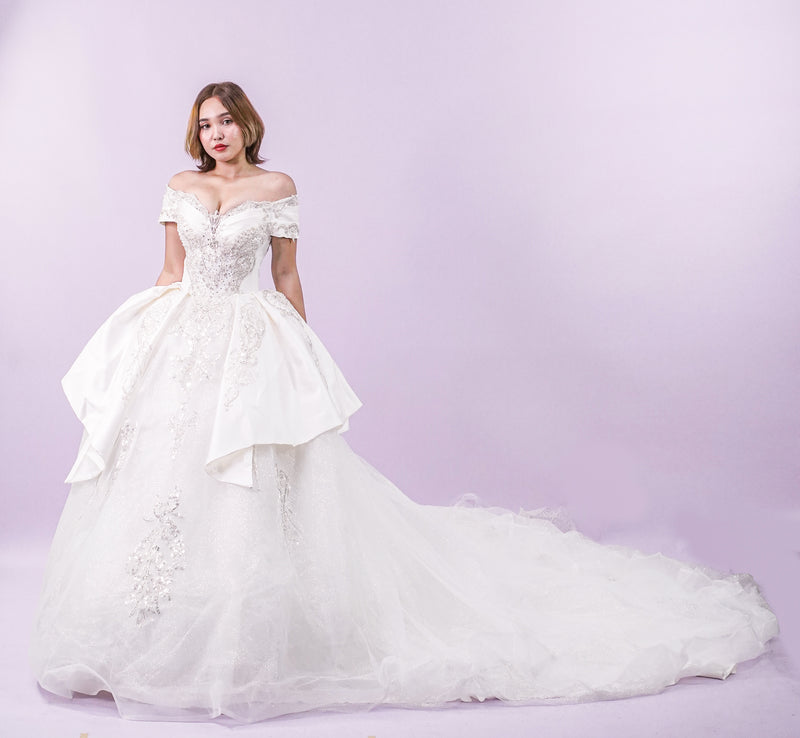 Off-Shoulder Regal Intricate Long Back Wedding Bridal Gown - Noelle West Bridals