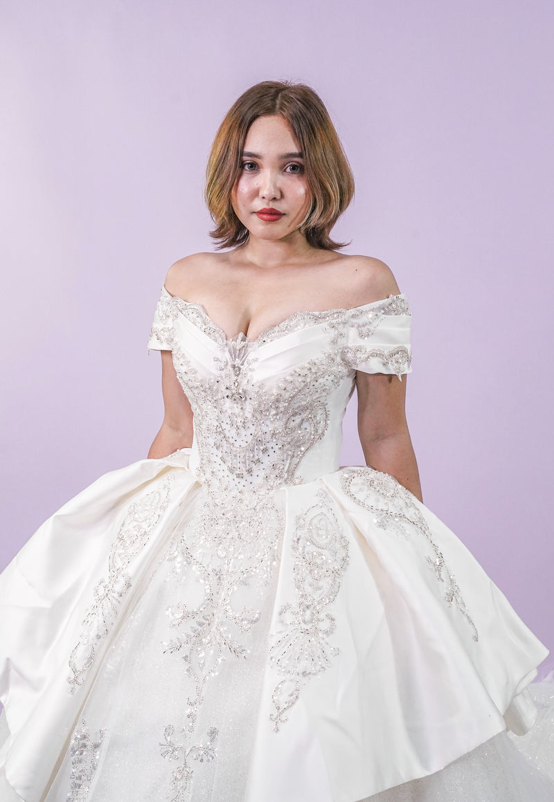 Off-Shoulder Regal Intricate Long Back Wedding Bridal Gown - Noelle West Bridals