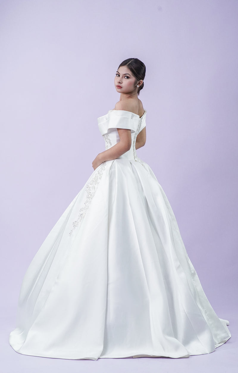 Elegant Off-Shoulder Satin Wedding Bridal Gown