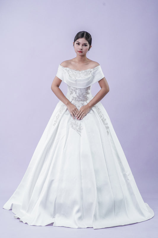Elegant Off-Shoulder Satin Wedding Bridal Gown