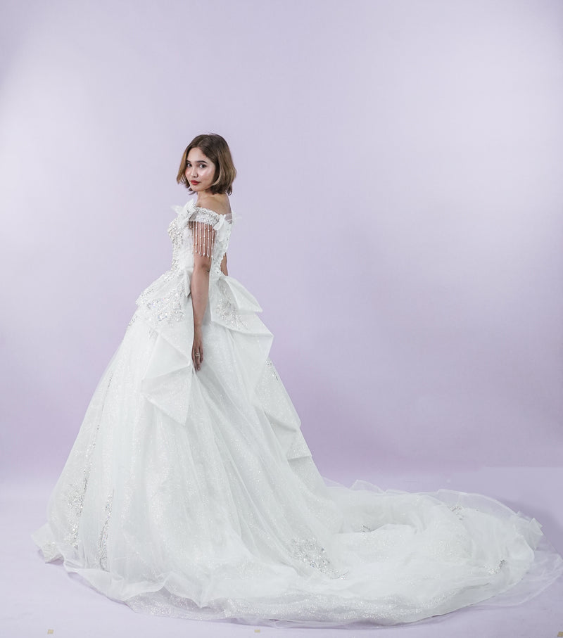 Off-Shoulder Royal Sequined Long Back Bridal Wedding Gown - Noelle West Bridals