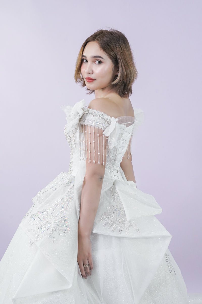 Off-Shoulder Royal Sequined Long Back Bridal Wedding Gown - Noelle West Bridals