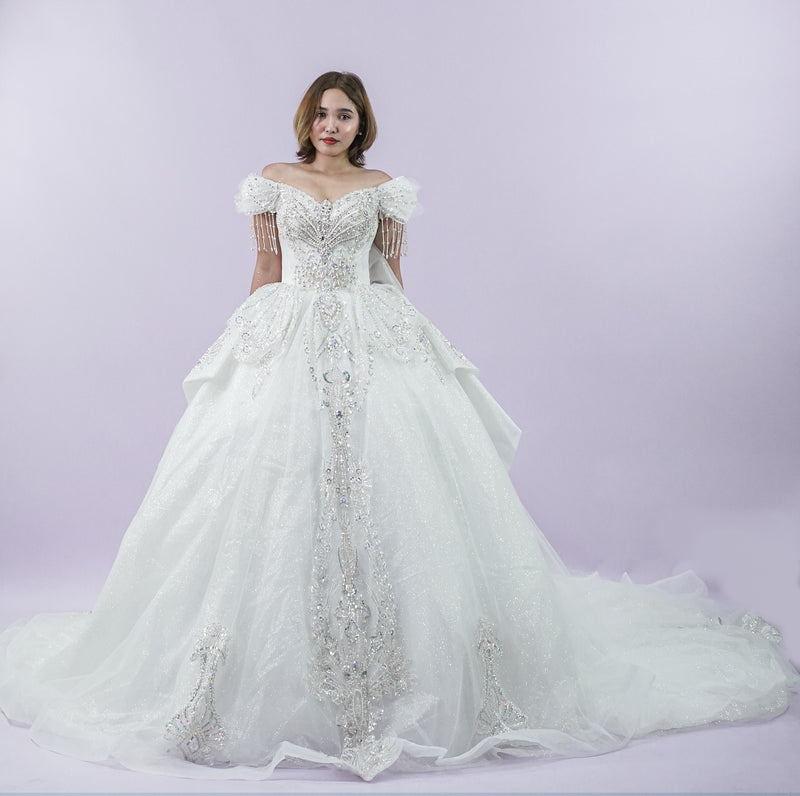 Off-Shoulder Royal Sequined Long Back Bridal Wedding Gown - Noelle West Bridals