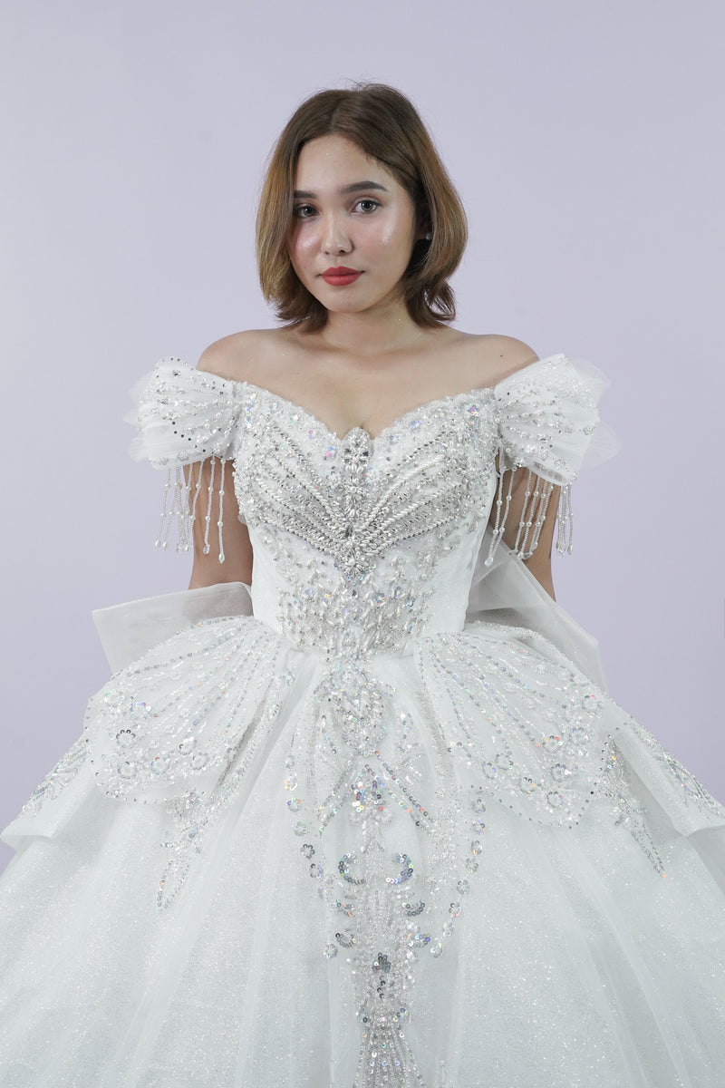 Off-Shoulder Royal Sequined Long Back Bridal Wedding Gown - Noelle West Bridals