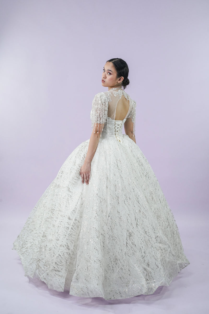 Regal Sequined Short Sleeve Wedding Bridal Gown - Noelle West Bridals