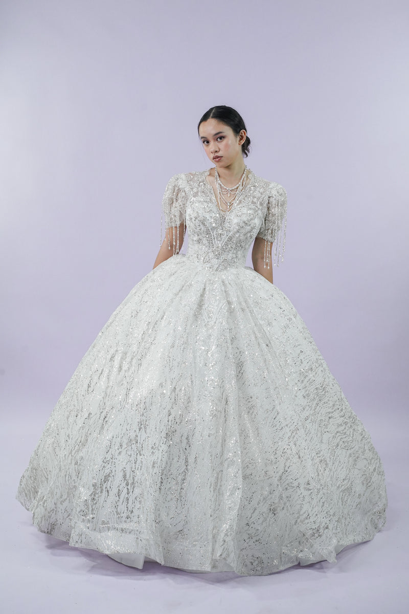 Regal Sequined Short Sleeve Wedding Bridal Gown - Noelle West Bridals