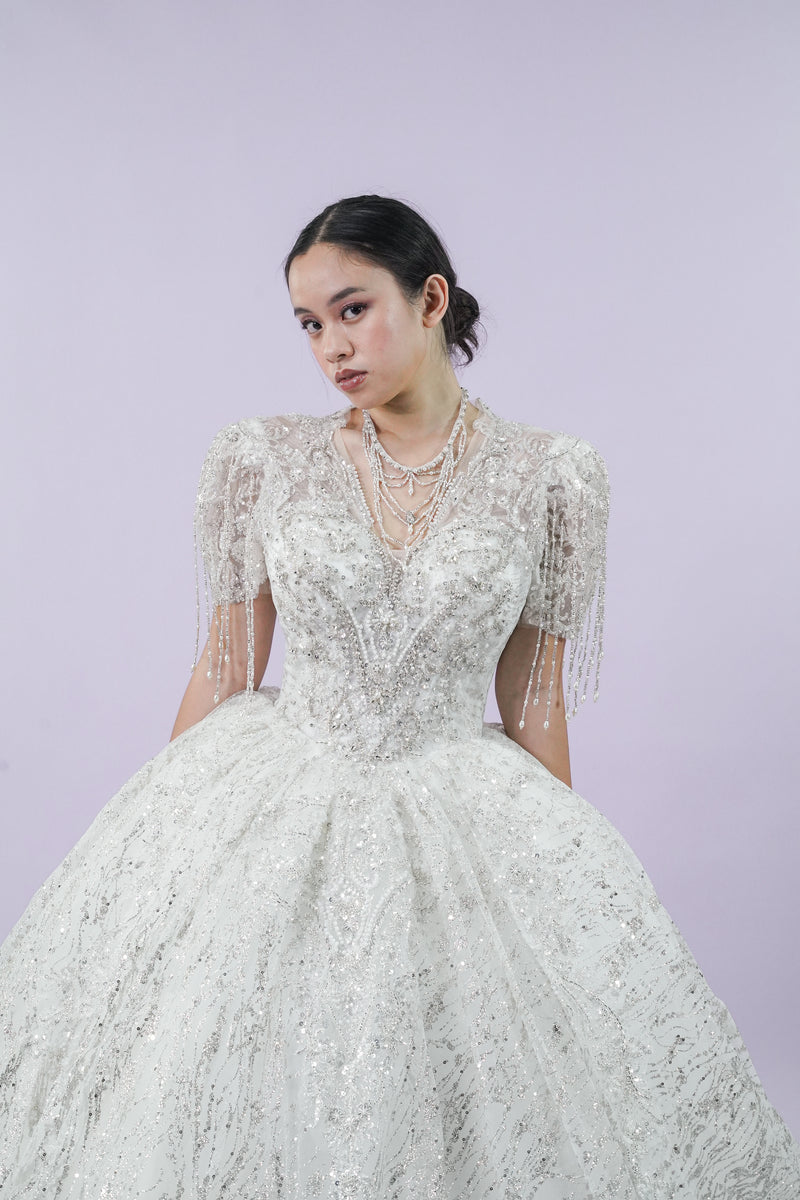 Regal Sequined Short Sleeve Wedding Bridal Gown - Noelle West Bridals