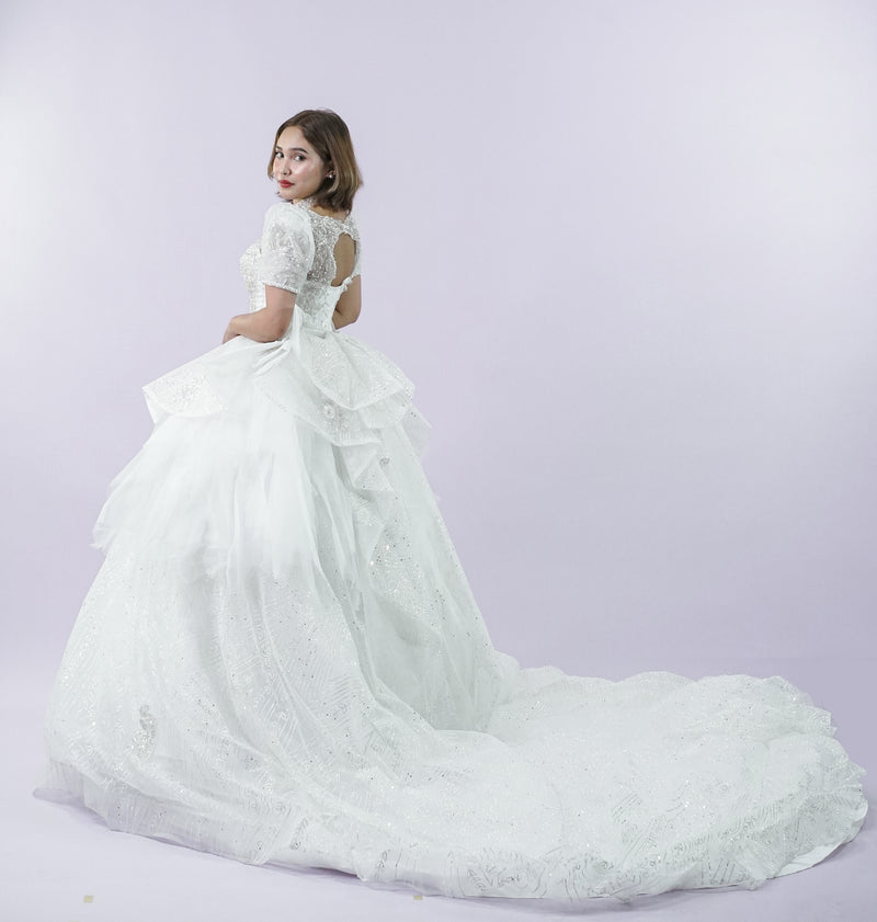 Regal Jewel Short Sleeve Long Back Wedding Bridal Gown - Noelle West Bridals