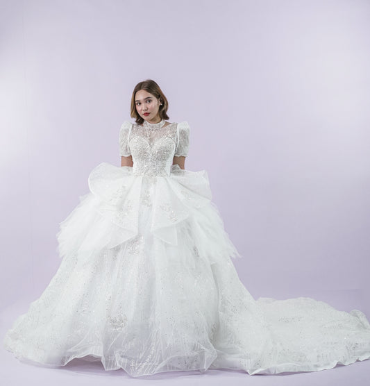 Regal Jewel Short Sleeve Long Back Wedding Bridal Gown