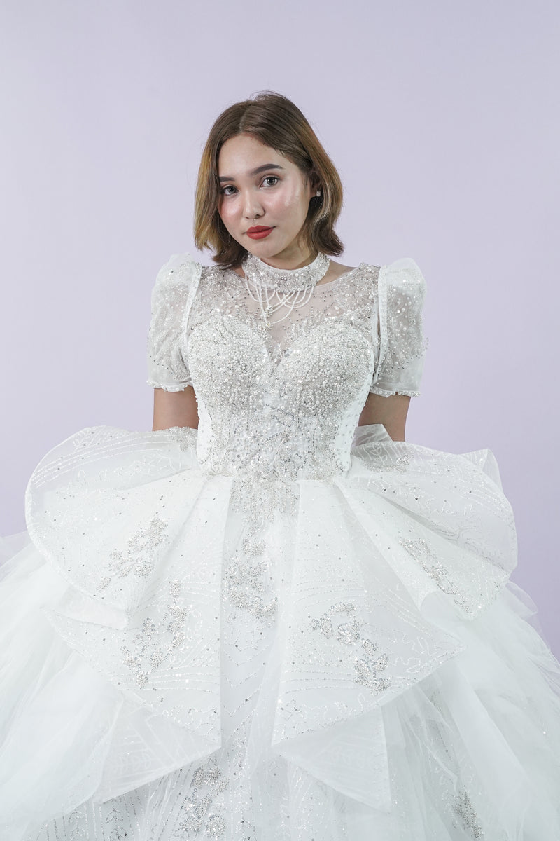 Regal Jewel Short Sleeve Long Back Wedding Bridal Gown - Noelle West Bridals