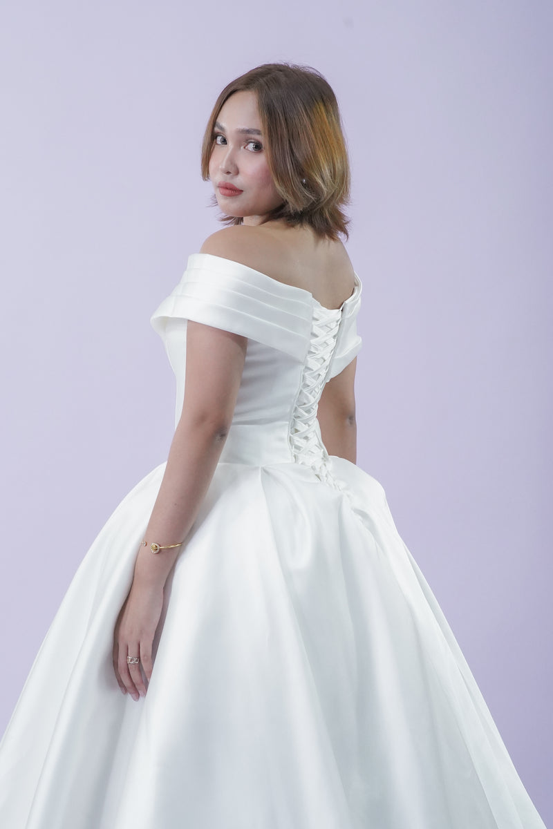 Simple Elegant Off-Shoulder Wedding Bridal Gown - Noelle West Bridals