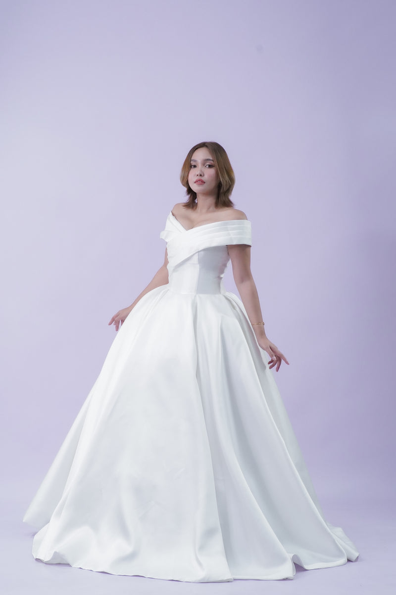 Simple Elegant Off-Shoulder Wedding Bridal Gown - Noelle West Bridals