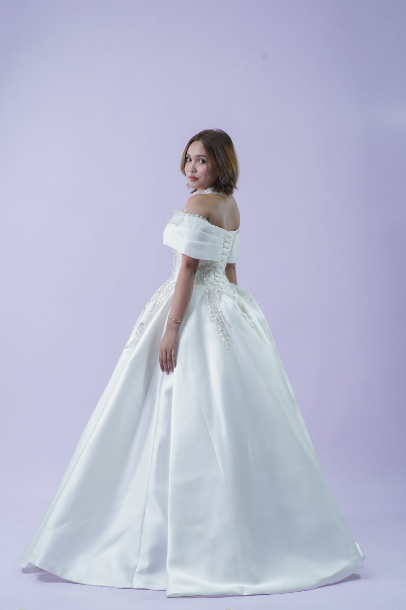 Elegant Duchess Off-Shoulder Bridal Wedding Gown