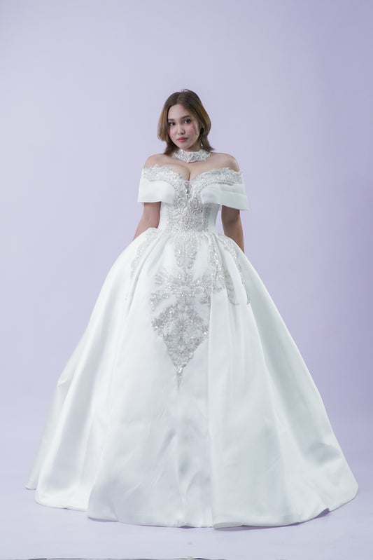 Elegant Duchess Off-Shoulder Bridal Wedding Gown