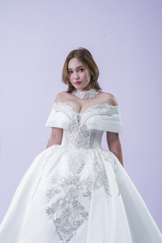 Elegant Duchess Off-Shoulder Bridal Wedding Gown