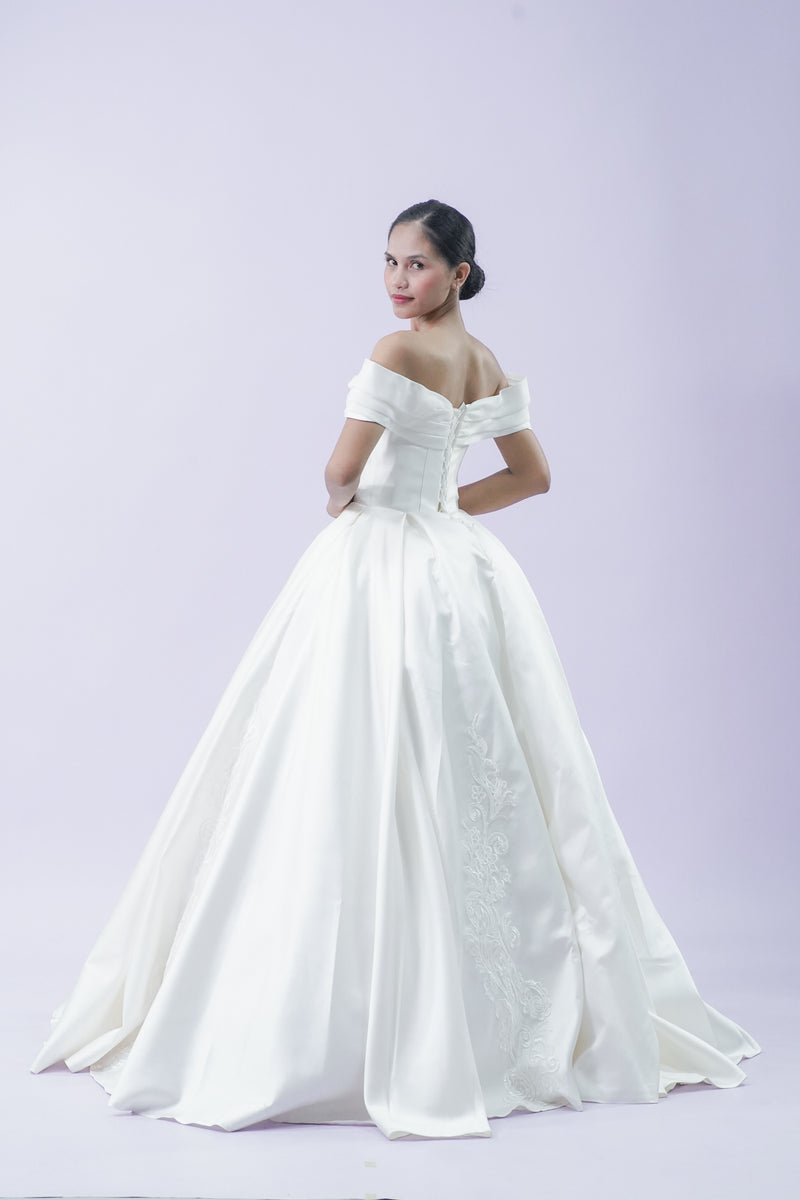 Off-Shoulder Soft Elegant Simple Wedding Bridal Gown - Noelle West Bridals