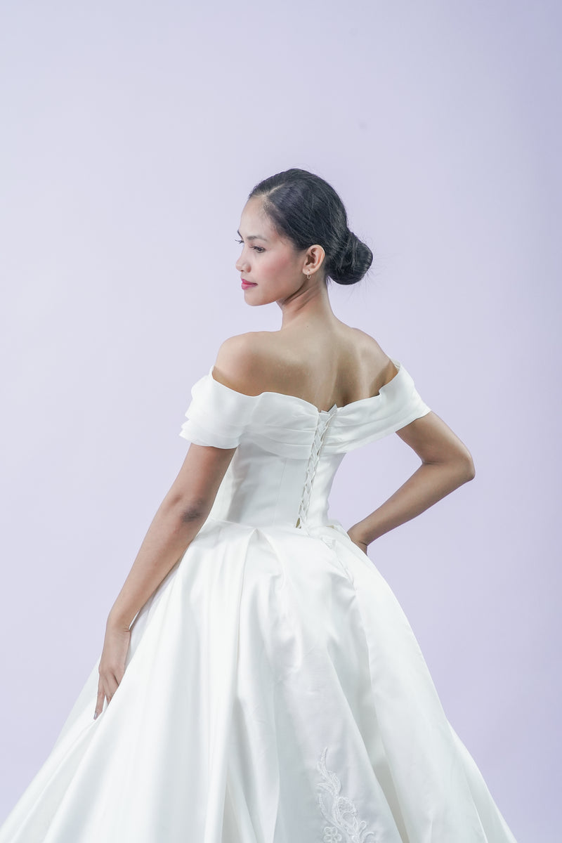 Off-Shoulder Soft Elegant Simple Wedding Bridal Gown - Noelle West Bridals