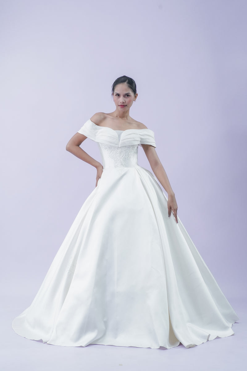 Off-Shoulder Soft Elegant Simple Wedding Bridal Gown - Noelle West Bridals