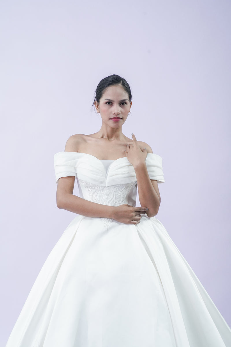 Off-Shoulder Soft Elegant Simple Wedding Bridal Gown - Noelle West Bridals