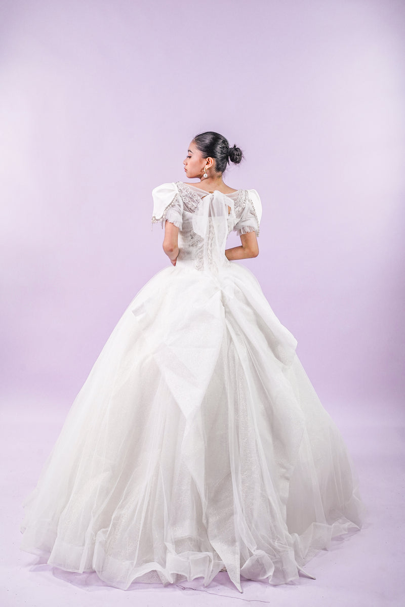 Short Puffed Sleeves Regal Wedding Bridal Gown - Noelle West Bridals