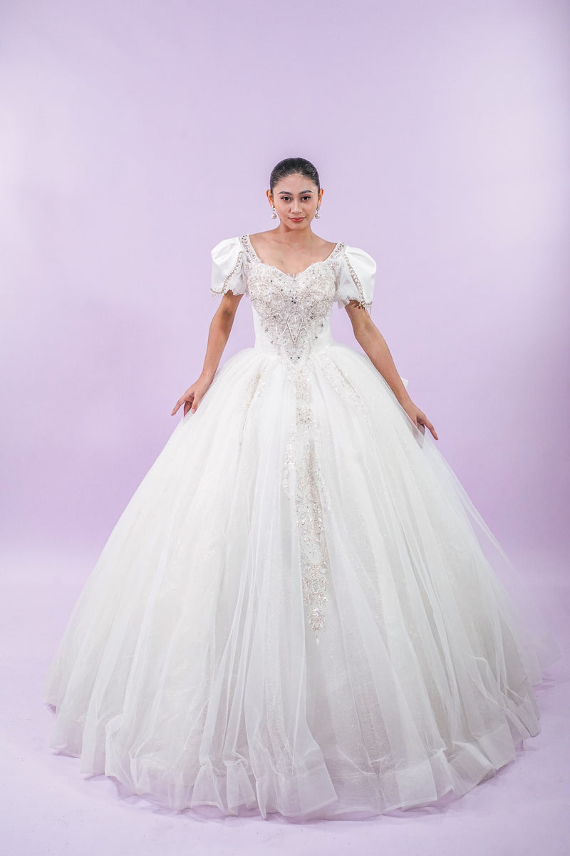 Short Puffed Sleeves Regal Wedding Bridal Gown - Noelle West Bridals