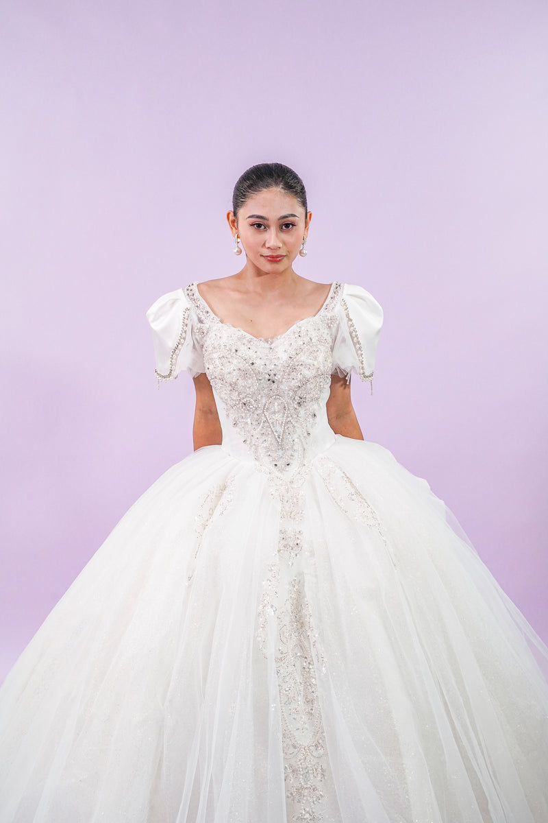 Short Puffed Sleeves Regal Wedding Bridal Gown - Noelle West Bridals