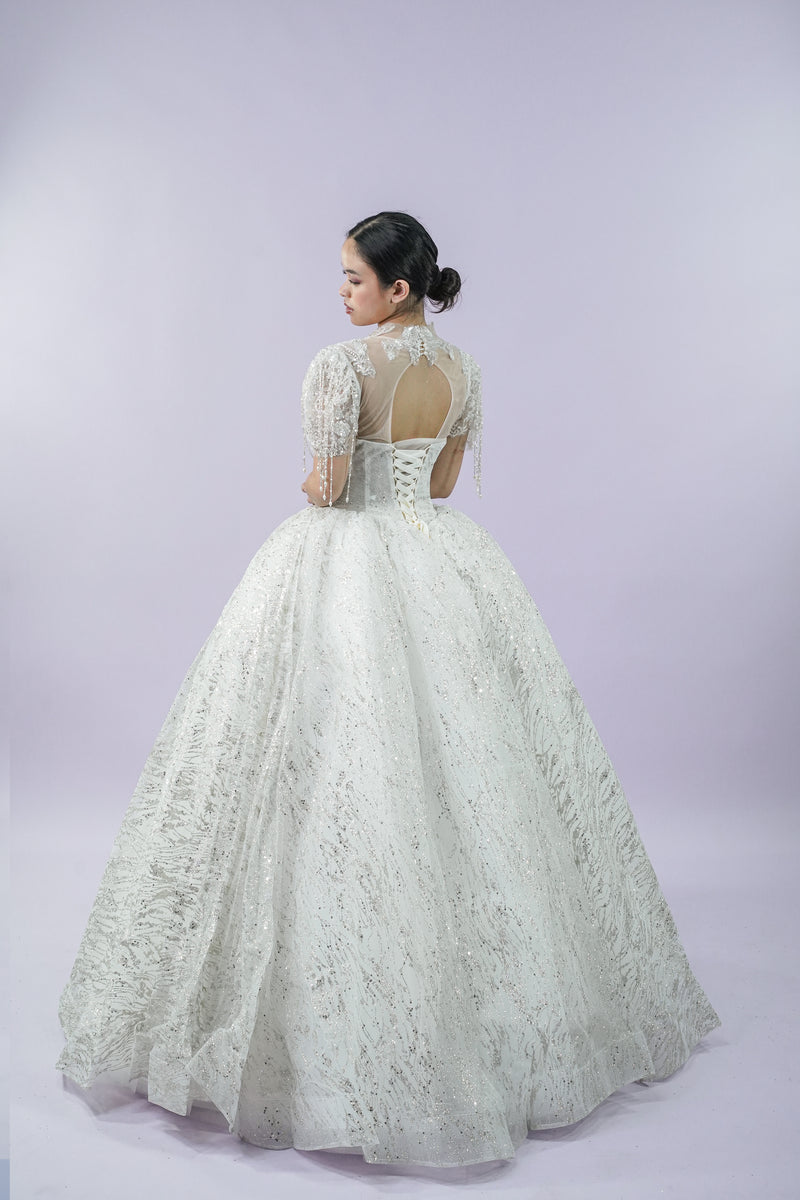 Short Sleeve Regal Bejeweled Wedding Bridal Gown - Noelle West Bridals