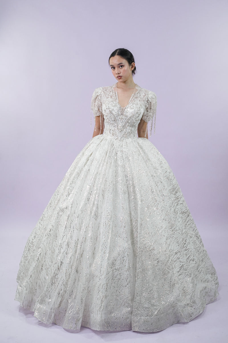 Short Sleeve Regal Bejeweled Wedding Bridal Gown - Noelle West Bridals