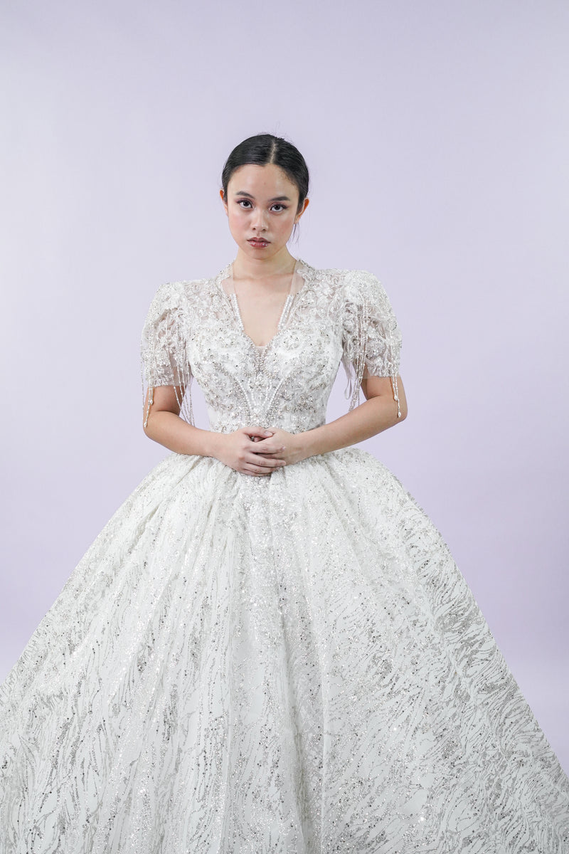 Short Sleeve Regal Bejeweled Wedding Bridal Gown - Noelle West Bridals