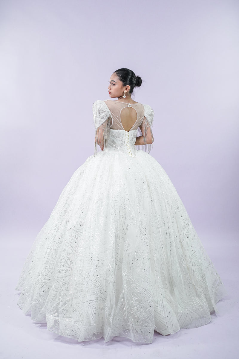 Short Sleeve Bejeweled Wedding Bridal Gown - Noelle West Bridals