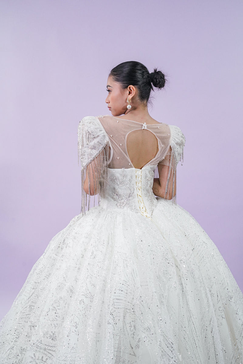 Short Sleeve Bejeweled Wedding Bridal Gown - Noelle West Bridals