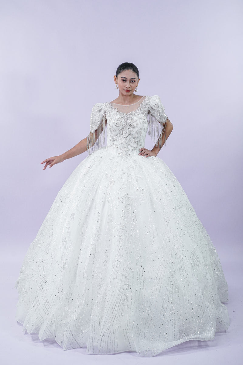 Short Sleeve Bejeweled Wedding Bridal Gown - Noelle West Bridals