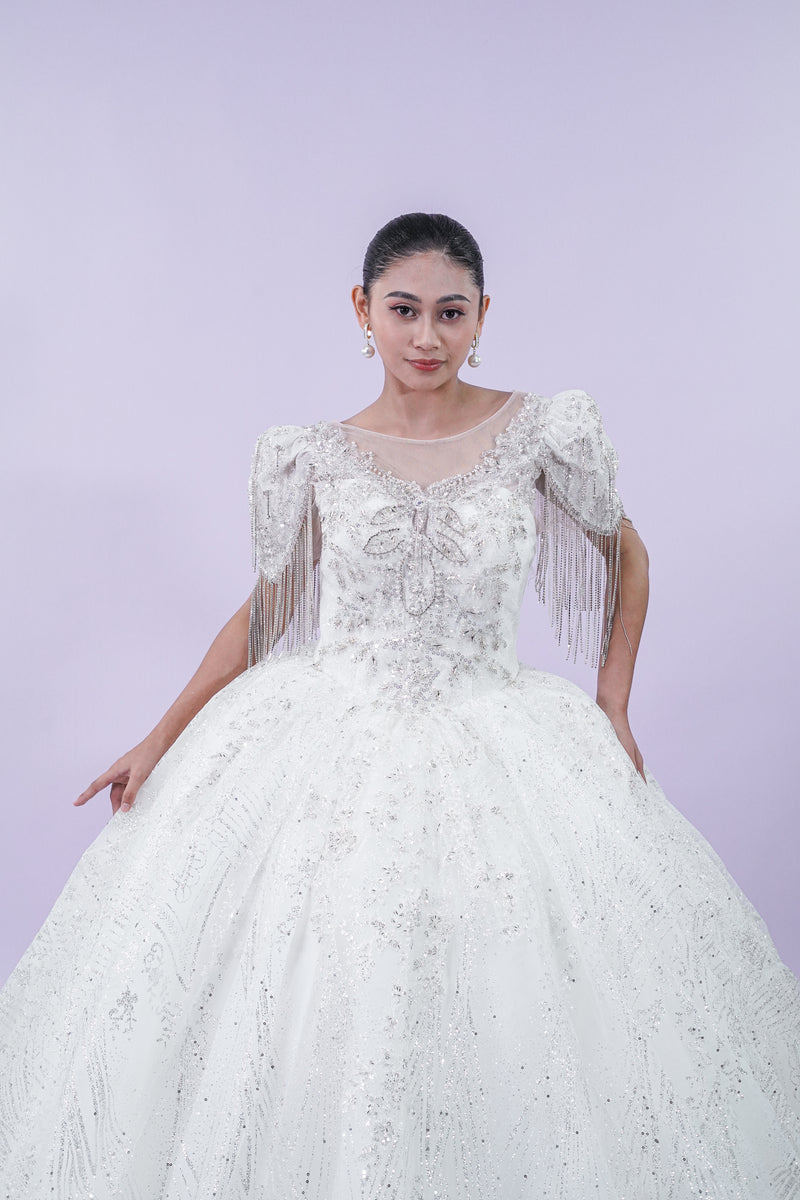 Short Sleeve Bejeweled Wedding Bridal Gown - Noelle West Bridals