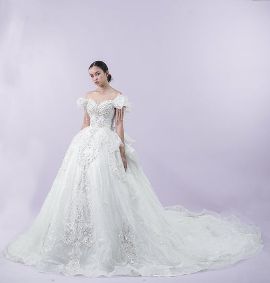 Fairy Off-Shoulder Magical Long Back Wedding Bridal Gown