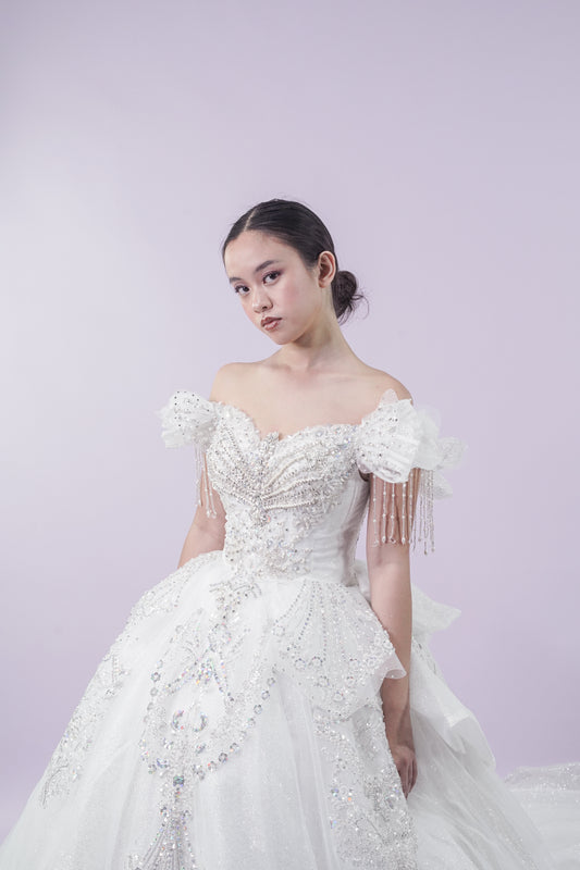 Fairy Off-Shoulder Magical Long Back Wedding Bridal Gown