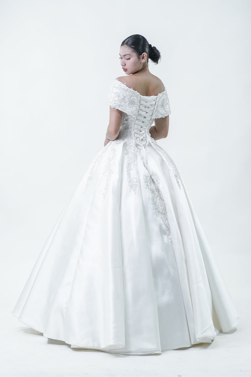 Off-Shoulder Elegant Satin Wedding Bridal Gown - Noelle West Bridals