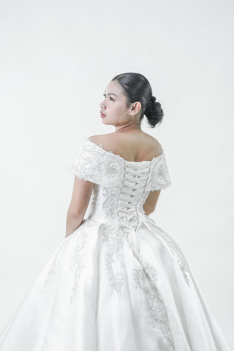 Off-Shoulder Elegant Satin Wedding Bridal Gown - Noelle West Bridals