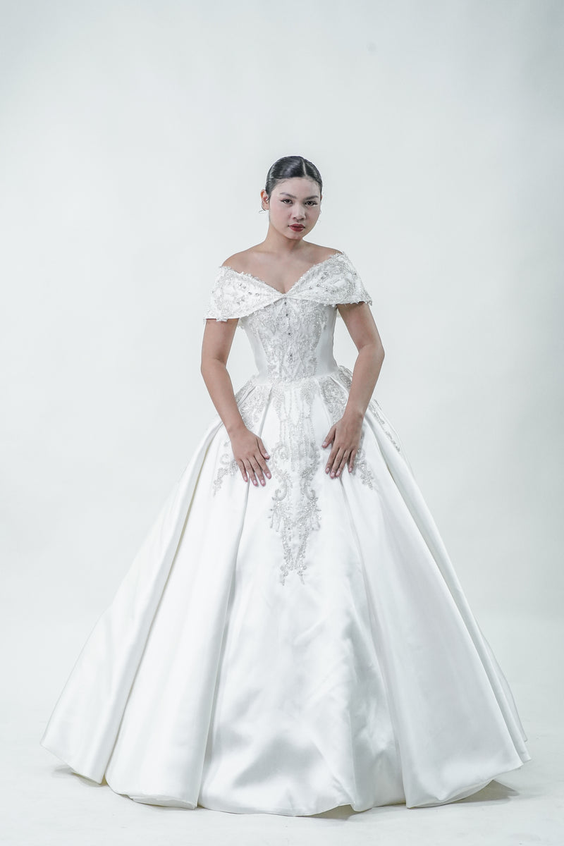 Off-Shoulder Elegant Satin Wedding Bridal Gown - Noelle West Bridals