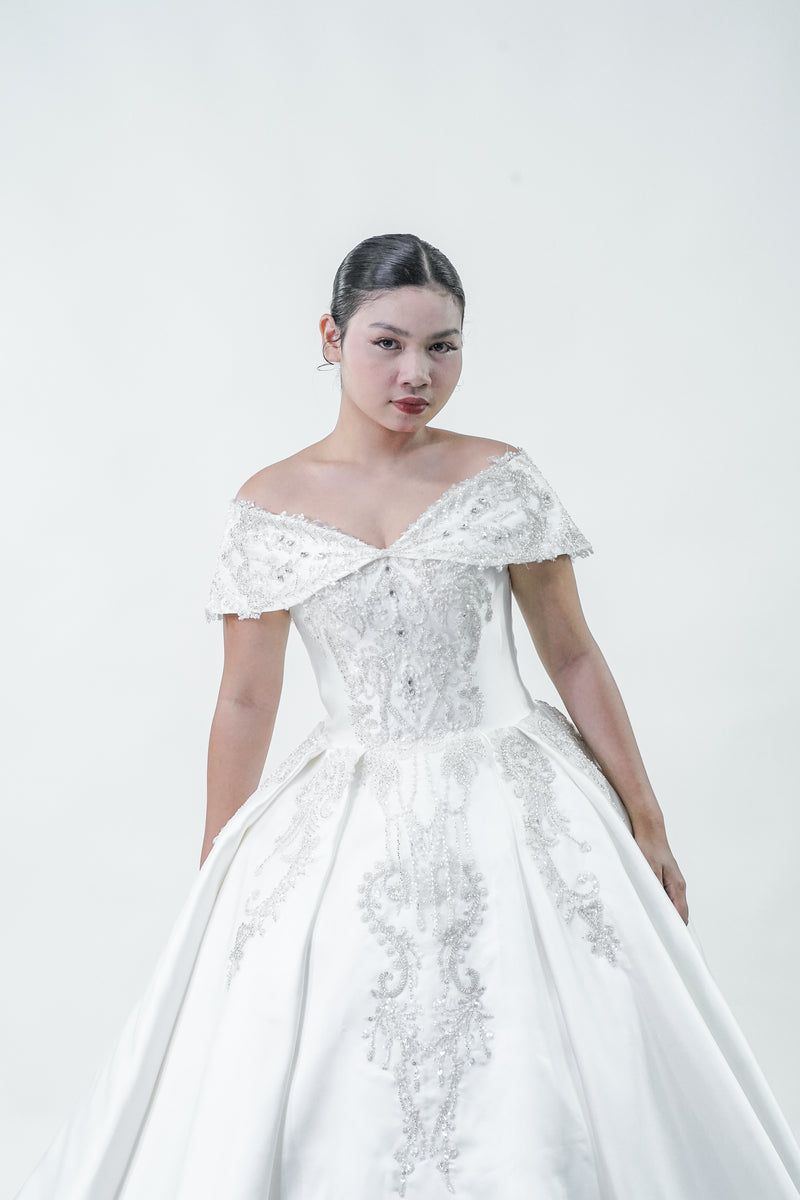 Off-Shoulder Elegant Satin Wedding Bridal Gown - Noelle West Bridals