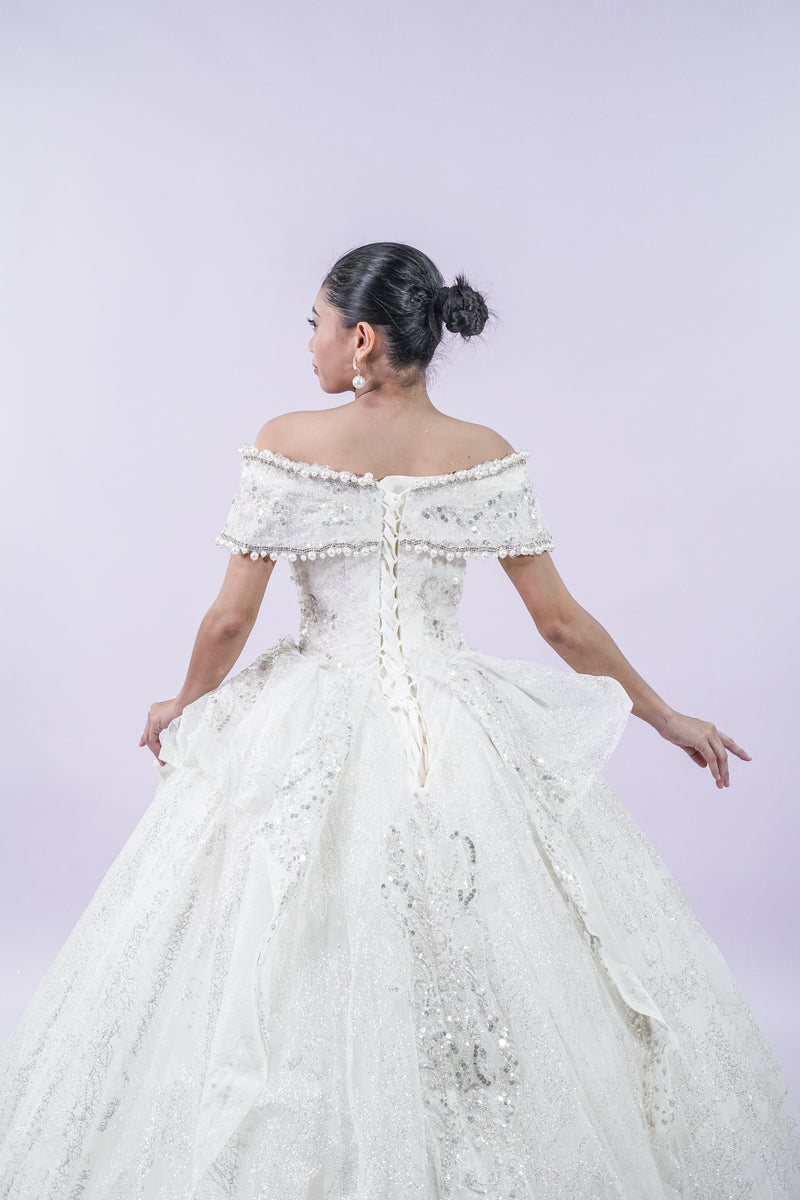 Off-Shoulder Bejeweled Wedding Bridal Gown - Noelle West Bridals