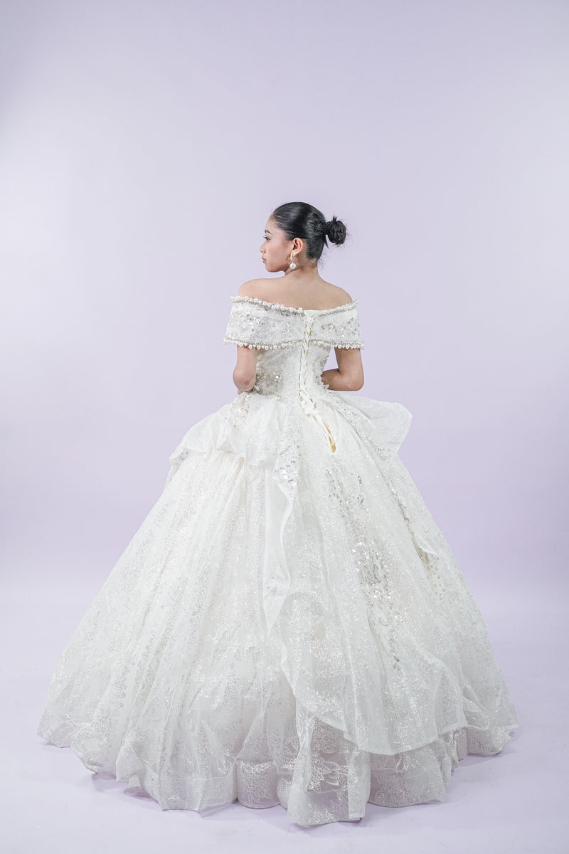 Off-Shoulder Bejeweled Wedding Bridal Gown - Noelle West Bridals