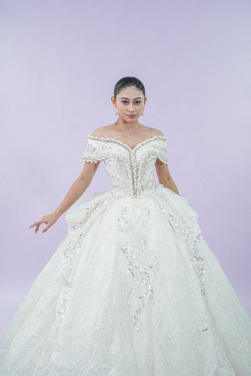 Off-Shoulder Bejeweled Wedding Bridal Gown - Noelle West Bridals